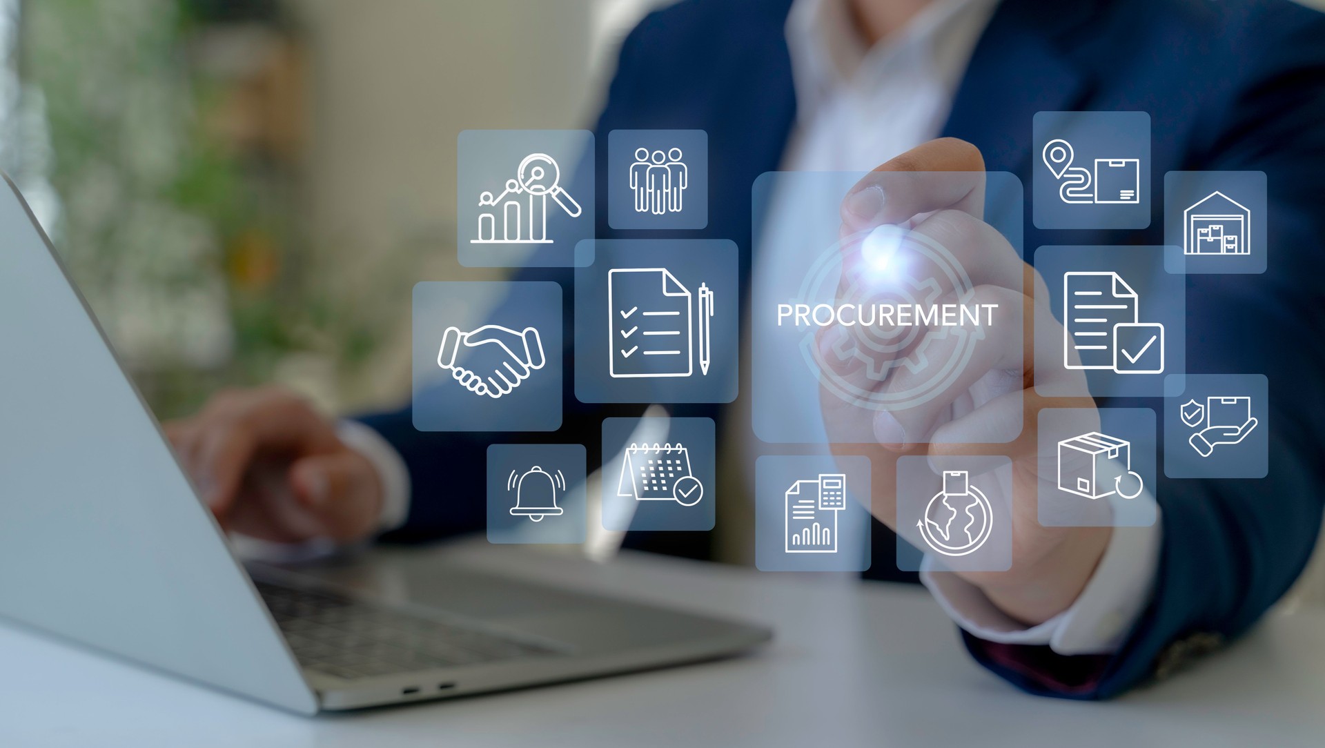 Digital procurement and supply chain management concept. Digital procurement process integrated with analytics, logistics, contracts, supply chain management. Digital transformation, business solution