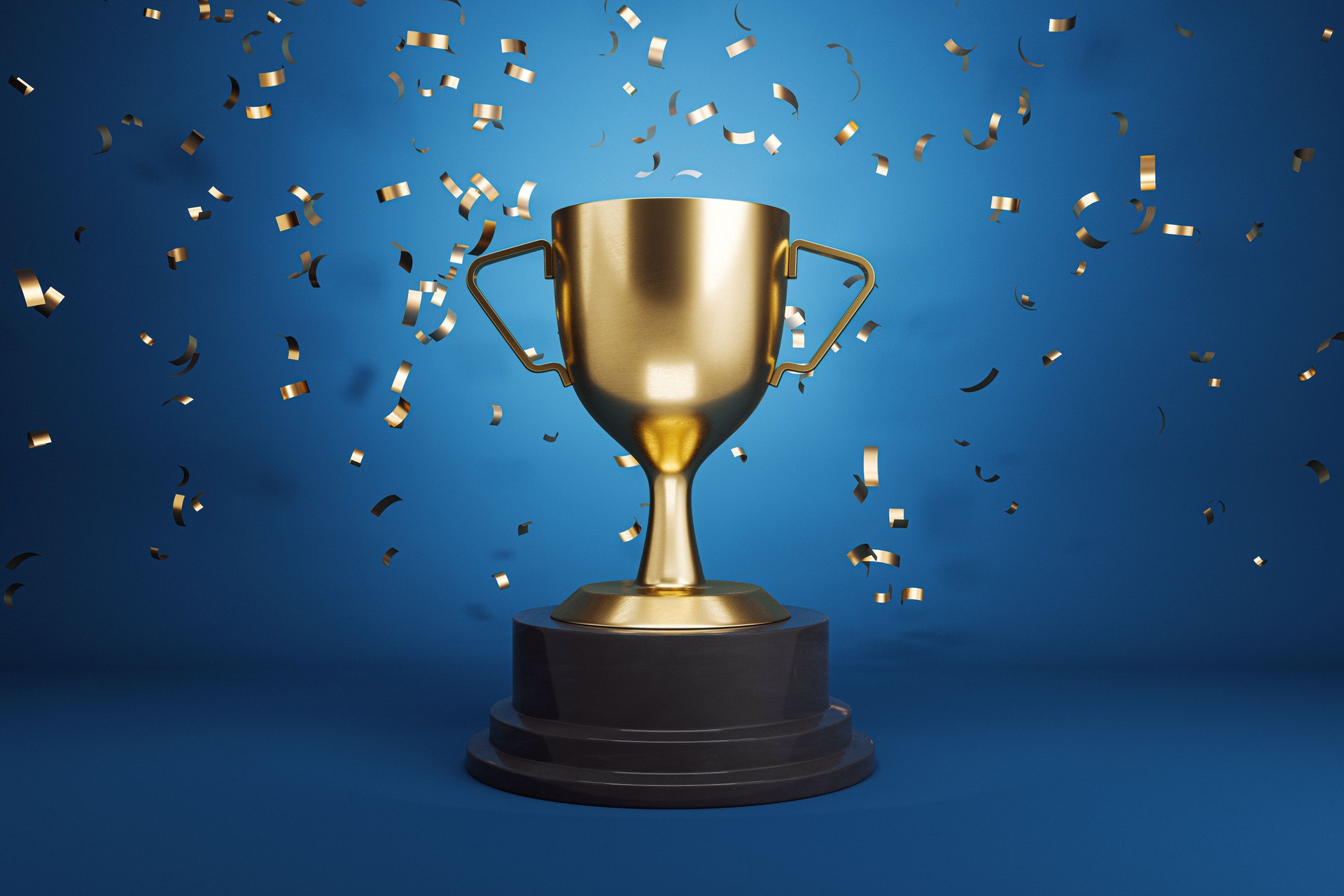 A golden trophy on a pedestal with gold confetti floating on a dark blue background, symbolizing achievement and celebration. 3D Rendering